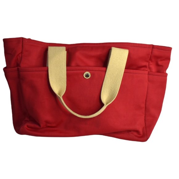 Burberry London Tote Bag Red Large Pockets Canvas Snap Closure - Picture 1 of 16